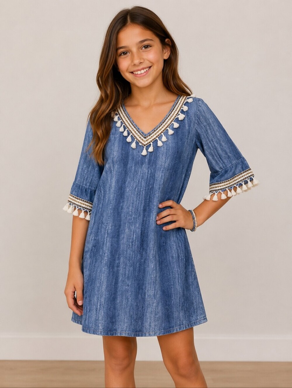 Hayden GIRLS Chambray Boho Tassel Western Dress